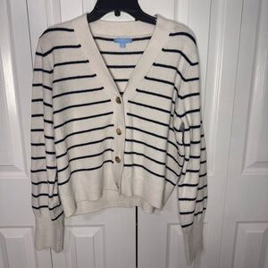 Draper James white and blue Varsity V-Neck Striped Button Cardigan size XL